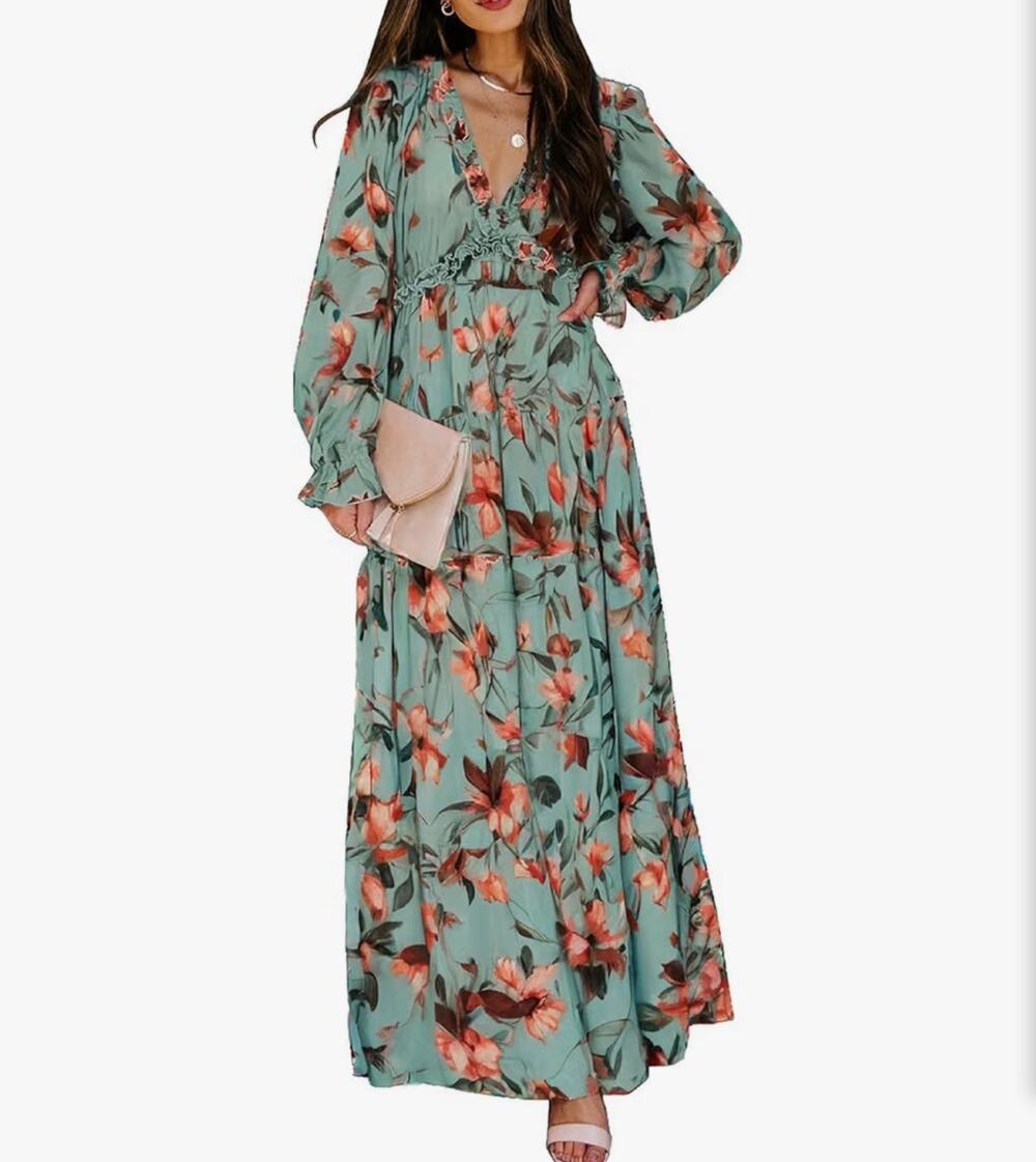 Boho Floral Maxi Dress Deep V Neck Long Sleeve Flowy Wedding Party